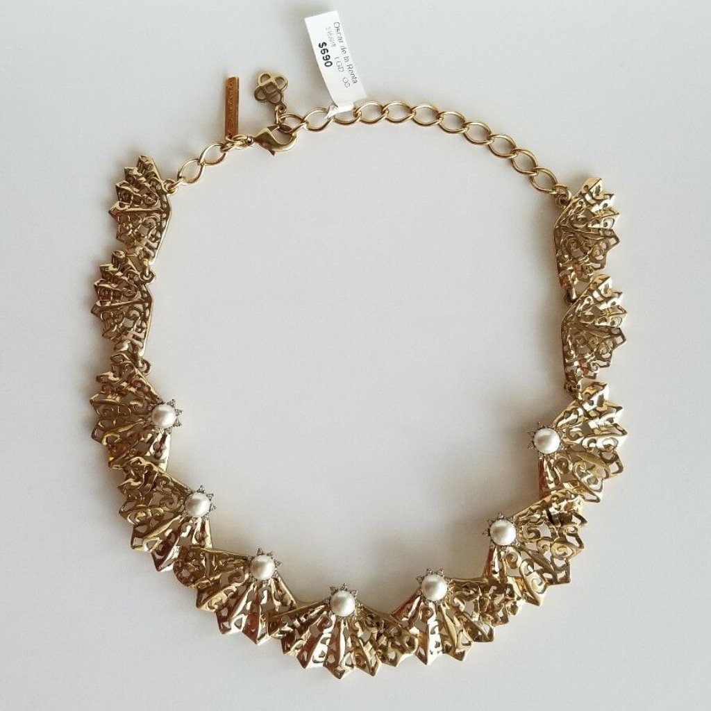 Oscar De La Renta Crystal Fan Faux Pearl Necklace